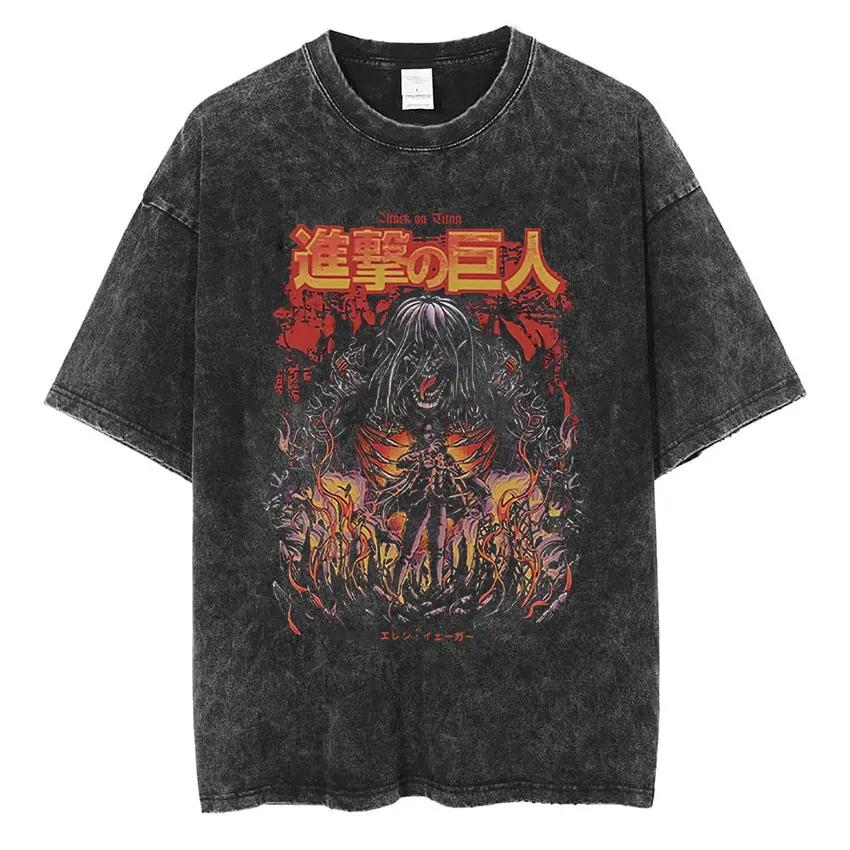 Anime Attack Titan Retro Wash Bedrucktes T-Shirt Mikasa Ackerman Eren Jaeger Freie Flügel Muster Herren Sommer T-Shirt