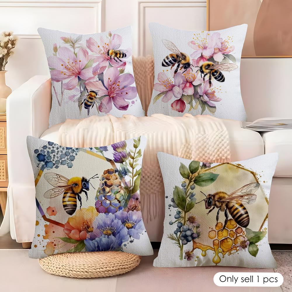 Watercolor beeflowers Cushion Cover Soft Plush Fabric DoubleSided Printed Cushion Covers for All Seasons Modern HomeDecor Gift