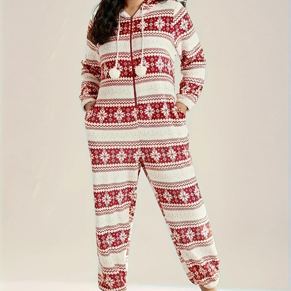 Women's Plus Size Hooded Snowflake Christmas Pajamas - Zippered, Pom-Poms, Thick, and Cozy