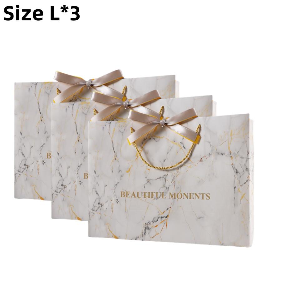 3pcsMarble Pattern Gift Bag Birthday Festival Party White Storage Tote Bag Gold Ribbon Baking Gift Packaging Paper Bag