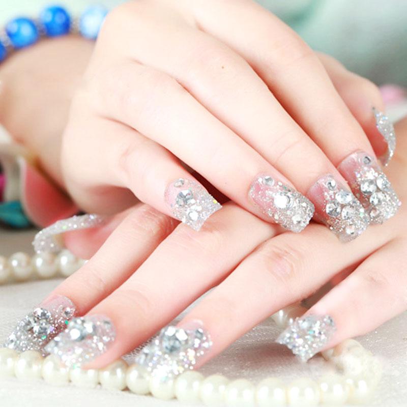 24Pcs Long Press On Nails With Glitter Diamond Pearl Bowknot And Crown Design Artificial Acrylic Fake Nail Tips