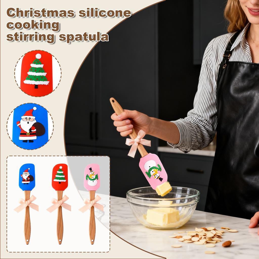 Silicone Butter Scraper With Christmas Pattern, Wooden Handle, Baking Scraper, Heat-resistant Cake And Cream Cooking Spatula