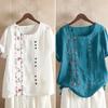 O-Neck Short Sleeve Loose Fit Women Shirt Embroidery Flower Print Buttons Decor Shirt Top Streetwear