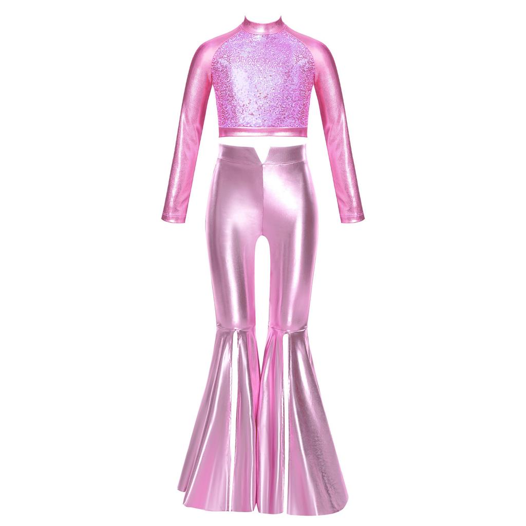 Girls Long Sleeve Sequin Metallic Crop Top Split Bell Bottom Shiny Pants Dance Performance Outfit