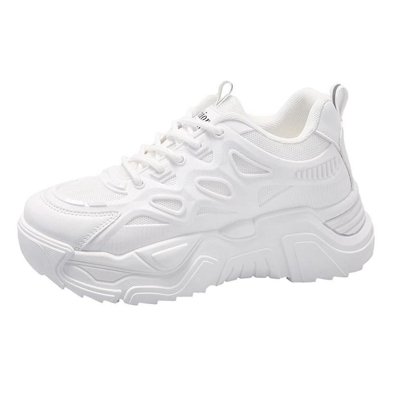 

мода Новые кроссовки на толстой подошве для женщин Осень На плоской подошве Папины кроссовки для женщин Модная женская обувь для ходьбы из ПУ кожи на шнуровке 40 белый