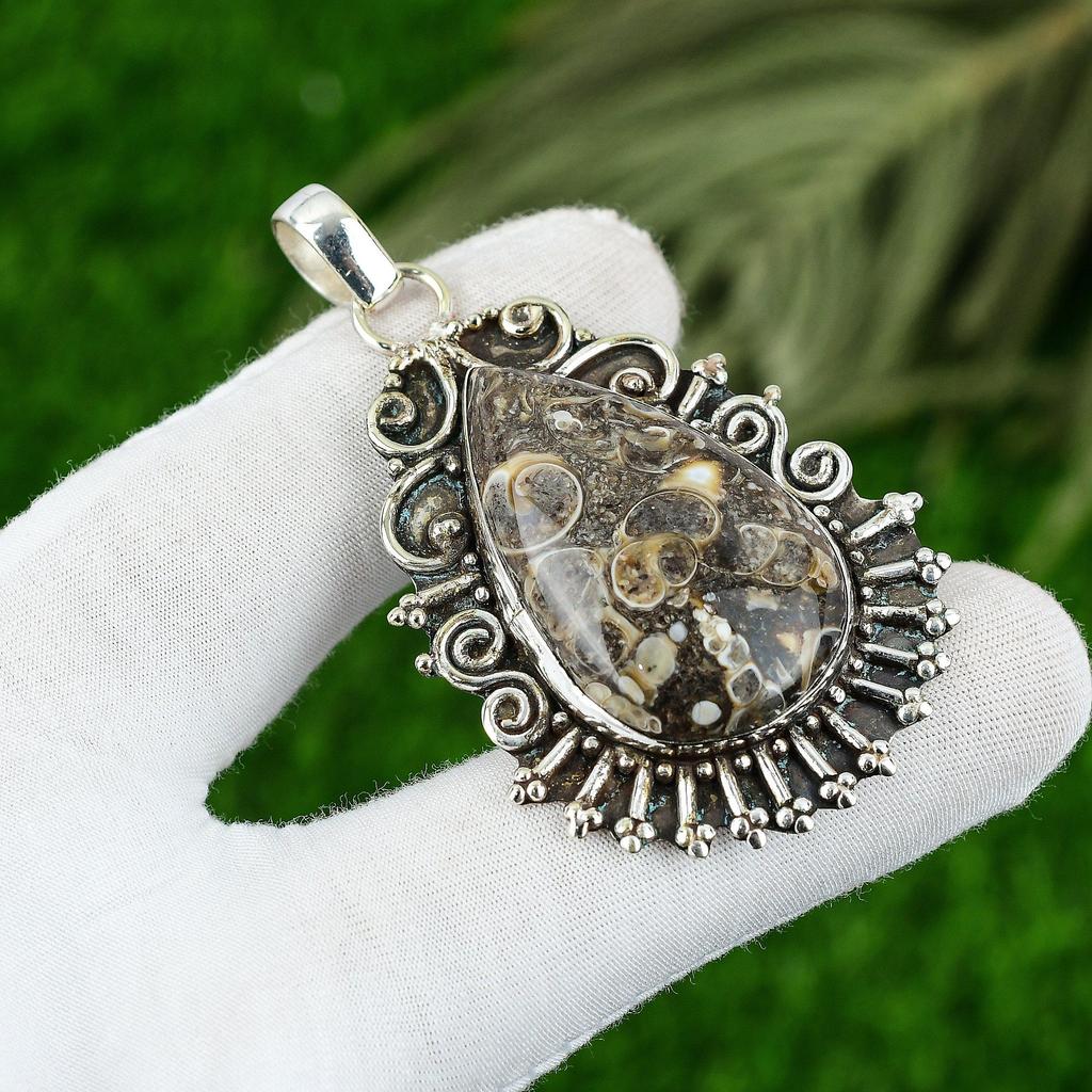 925 Sterling Silver Turritella Agate Gemstone Anniversary Bezel Unique Pendant
