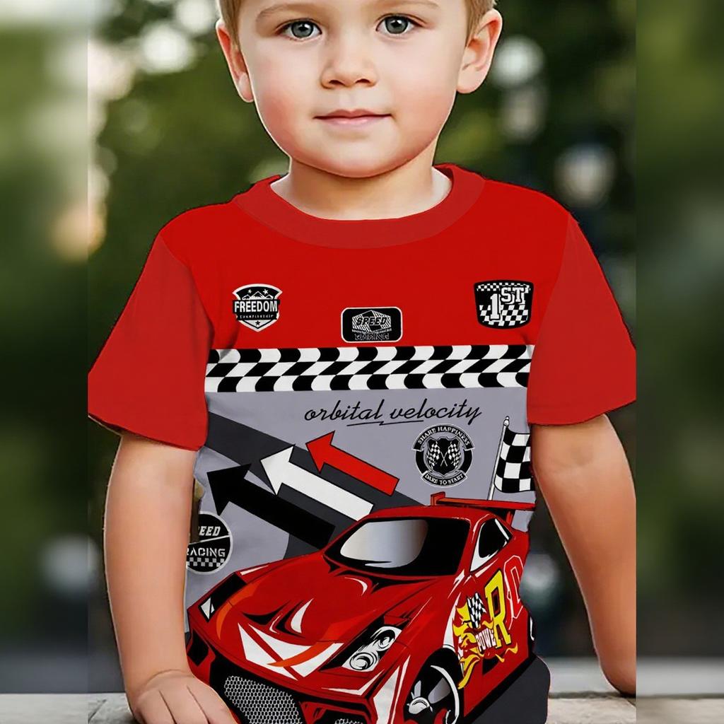 Summer Round Neck Vehicle Themed 3D Printed Top Fashionable Casual Short Sleeved Children's Boy T-shirts