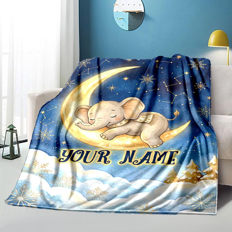 1PC Custom Name Elegant Elephant Moon Night blanket versatile,all-season throw suitable for the living room,bedroom,camping,travel,and gift