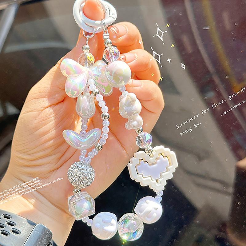 Painted Beads Phone Chain Sweet Girl Bowknot Keychain Anti-Lost Wrist Strap Bag Decor Earphone Case Pendant