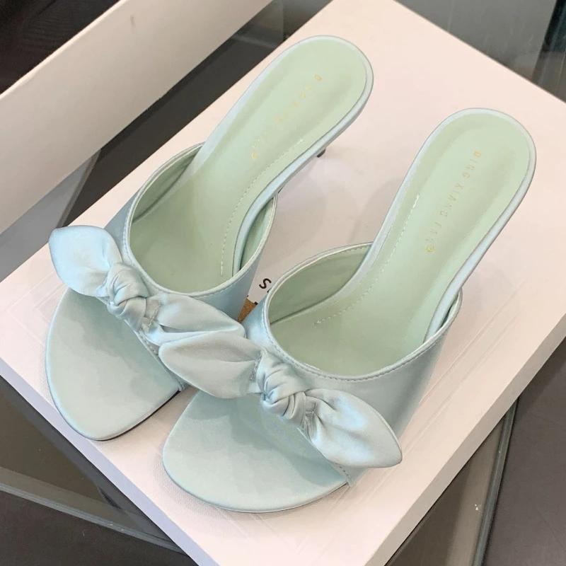 

Fashion Elegant Satin Butterfly-knot Design Brand Slippers Women Sexy Open Toe Thin Heel Slide Sandals Fashion Round Toe High Sandals 35 синий