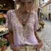 Women T-shirt V-Neck Short Sleeve 3D Imitation Jacquard Flower Decor Pullover Tops Loose Fit Summer Blouse Daily Wear