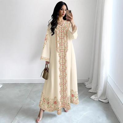 2026 Spring and Autumn Ladies Plant Floral Print Fashion Casual Loose Horn V-Neck Long Dress Apricot