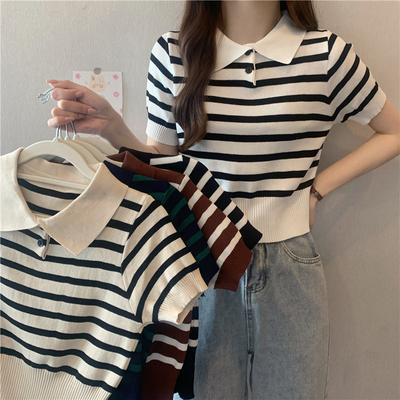 Zomer Veelzijdige Korte Tops Dames Retro Kleurblokken Gestreept Getailleerd Gebreide Blouse Trendy Casual Essentieel Comfort en Stijl Slim Fit Pullovers T-shirts