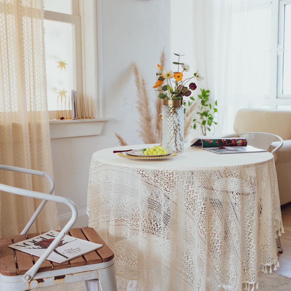 Vintage Häkeltischdecken mit Quasten, Beige Spitzendeckchen Rund Baumwolle Tischdecke Waschbar für Hochzeit Heim Party Dekoration