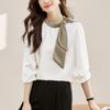Gentle Collar Bow Tie Shirt for Women, 2026 Spring and Autumn New Style, Color Block Ribbon Design Satin Top