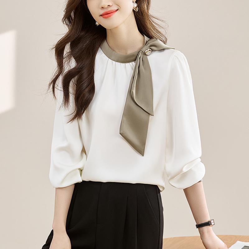 Gentle Collar Bow Tie Shirt for Women, 2026 Spring and Autumn New Style, Color Block Ribbon Design Satin Top