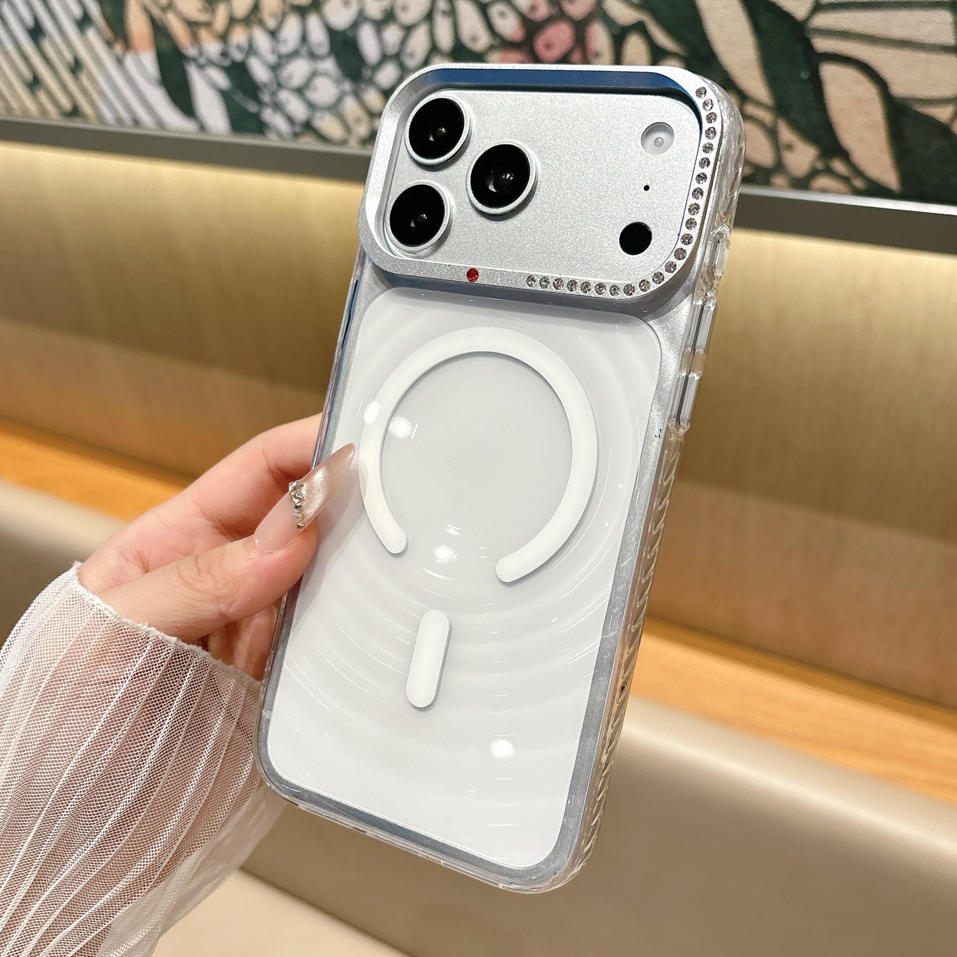 

iPhone 17 Pro Max Case: Transparent Wave Design, Magnetic, Rhinestone Inlay, Metal Lens, Hard Shell iPhone 17 белый