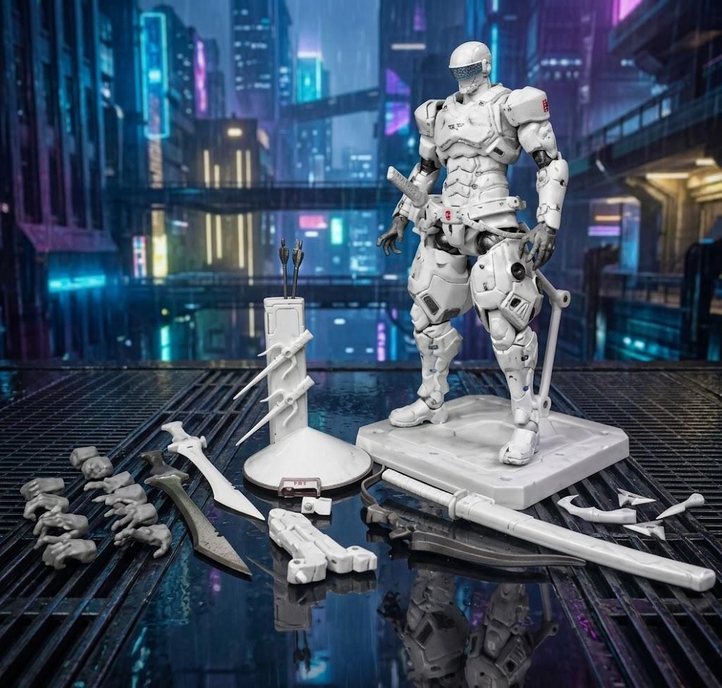 "Cybernetic White Mech: Future Soldier Action Figure"
