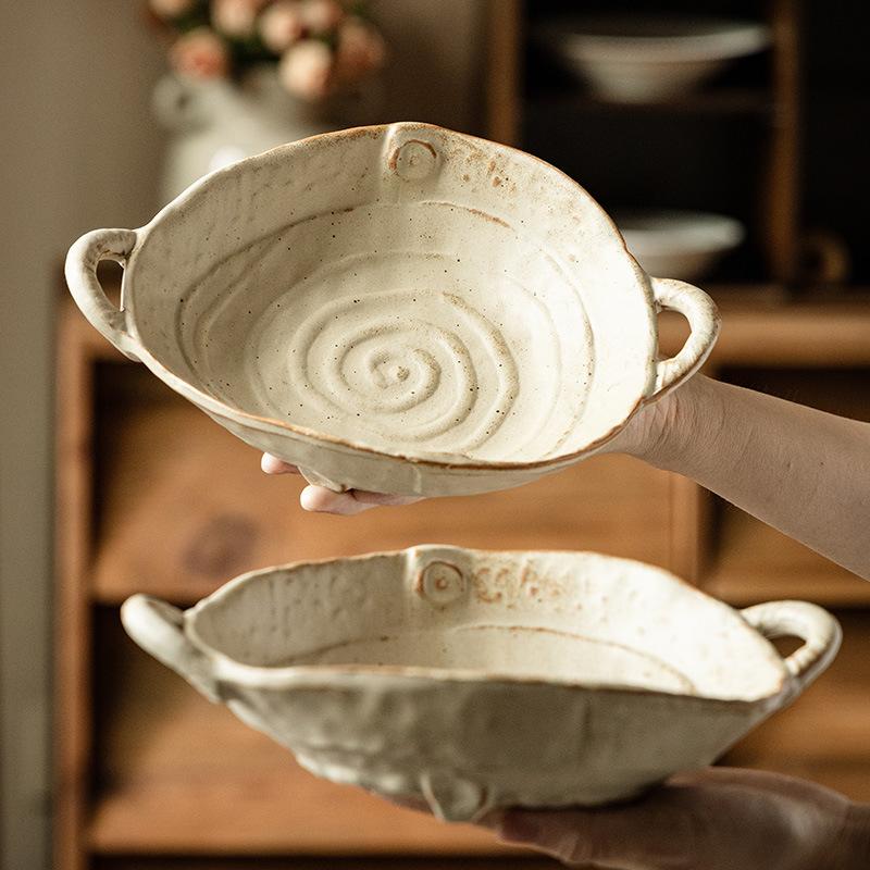 Handmade Coarse Pottery Binaural Plate Retro Salad Plate B & B Restaurant Bread Tableware Bowl Household Soup Bowl Binaural Bowl
