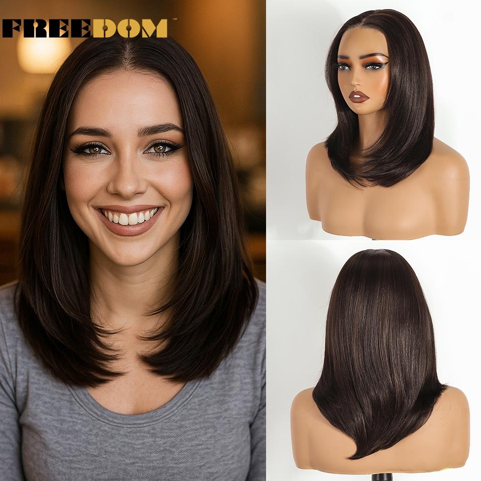 

FREEDOM Synthetic Lace Front Wigs For Women Short Bob Layered Straight 6x4 Wear And Go Glueless Wig Ombre Pre Plucked Lace Wigs (as the picture,16inches)