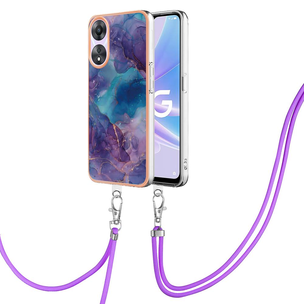 

YB IMD Series-18 Style E for Oppo A78 5G/A58 5G Electroplating Phone Case 2.0mm TPU Marble Pattern Cover with Lanyard Purple