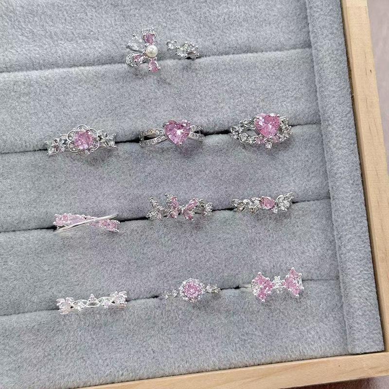 Sweet Crit Romantic Pink Micro-Inlaid Zir*****Pen Ring Female Color Treasure Cold Wind Niche Temperament Light Luxury Ring