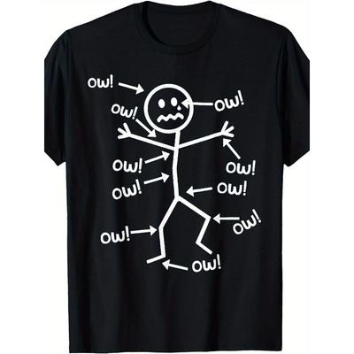 Men's Funny Ow Ow Ow Ow Ow Ow Character Graphic TShirt Novelty Funny Face Design with 'Ow' Text & Cartoonish Pain Expression Casual Round Neck