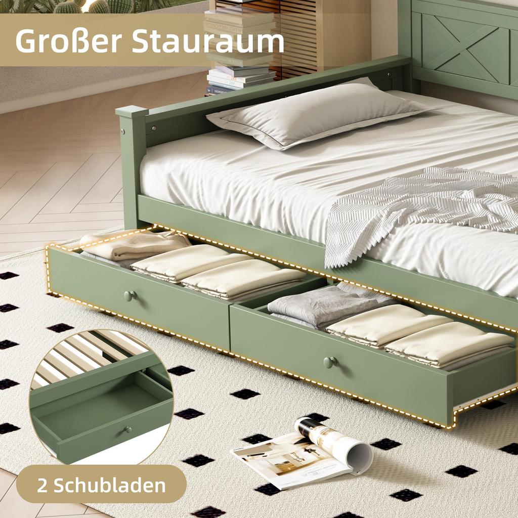 Schlafsofa Flieks 90x200 Tagesbett mit Stauraum, Funktionsbett mit 2 Schubladen, Grün