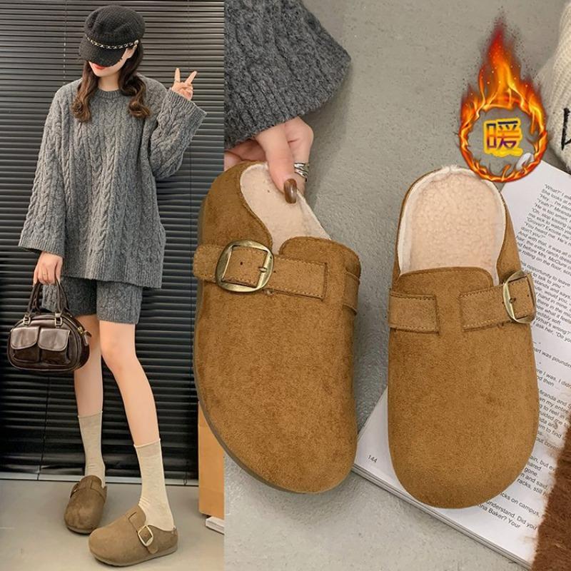 Thick-soled bag head and half-towed women, velvet and thicker warm in winter, soft-soled lazy people pedal Doudou shoes with one foot