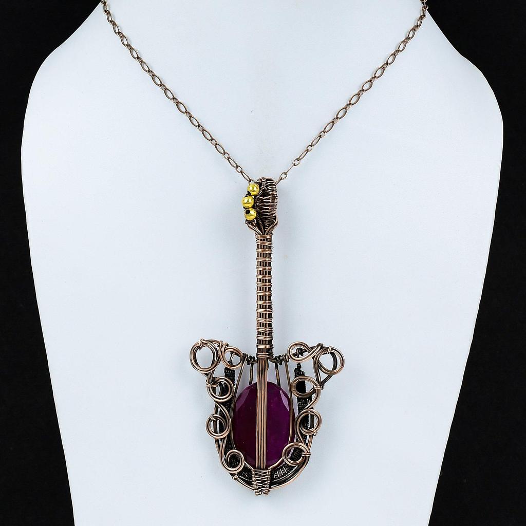 Faceted Kashmir Ruby Pendant Copper Wire Wrapped Pendant Gemstone Pendant Guitar Jewelry Ethnic Pendant Handmade Copper Jewelry Gift For Mom