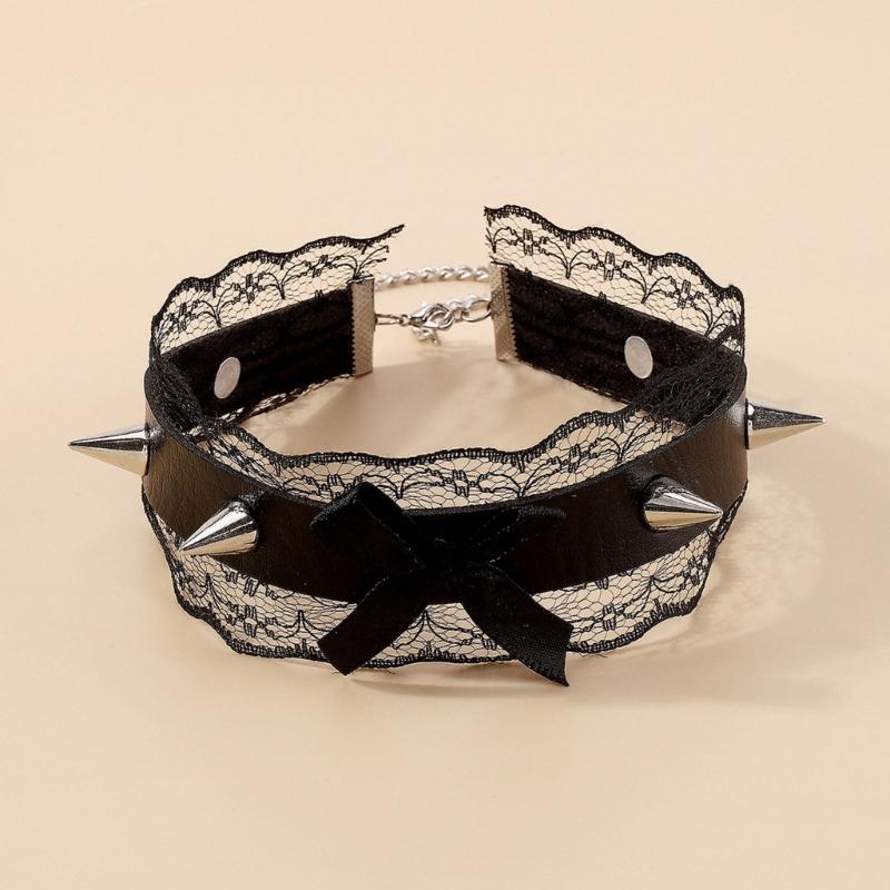 Lace Bowknot PU Pendant Short Necklace for Women Trend Cosplay Clavicle Choker Adjustable Collar Girls Party Jewelry