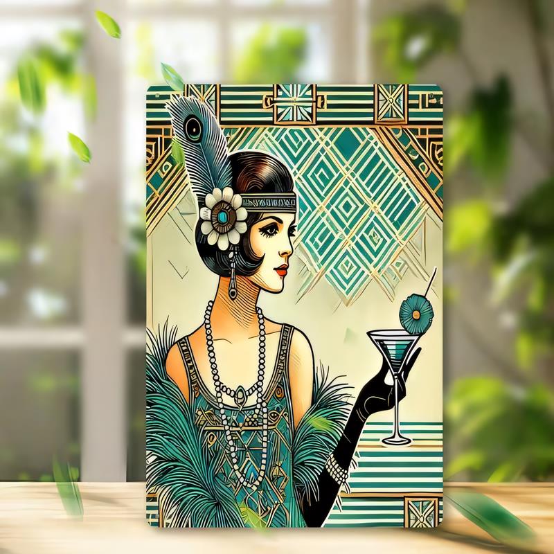 Tin Sign for Bar Pub Wall Decor Vintage Art Deco Peacock Feather Lady Portrait Martini Glass Poster Retro Metal Plaque   Eleg