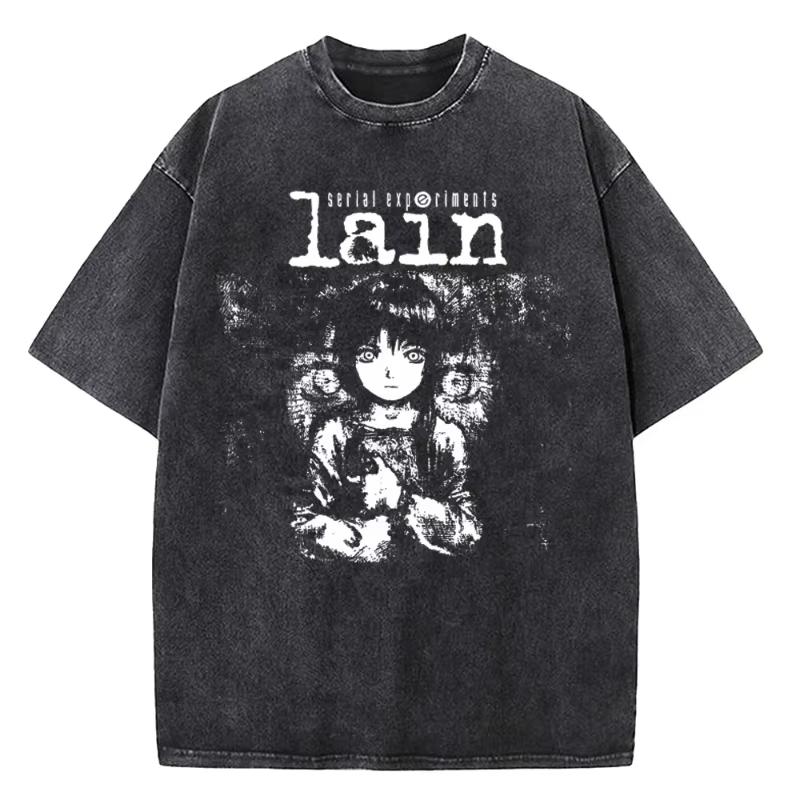 Japanese Anime Serial Experiments Lain Vintage Washed T Shirt High Quality Manga Short Sleeve Fashion T Shirt Women
