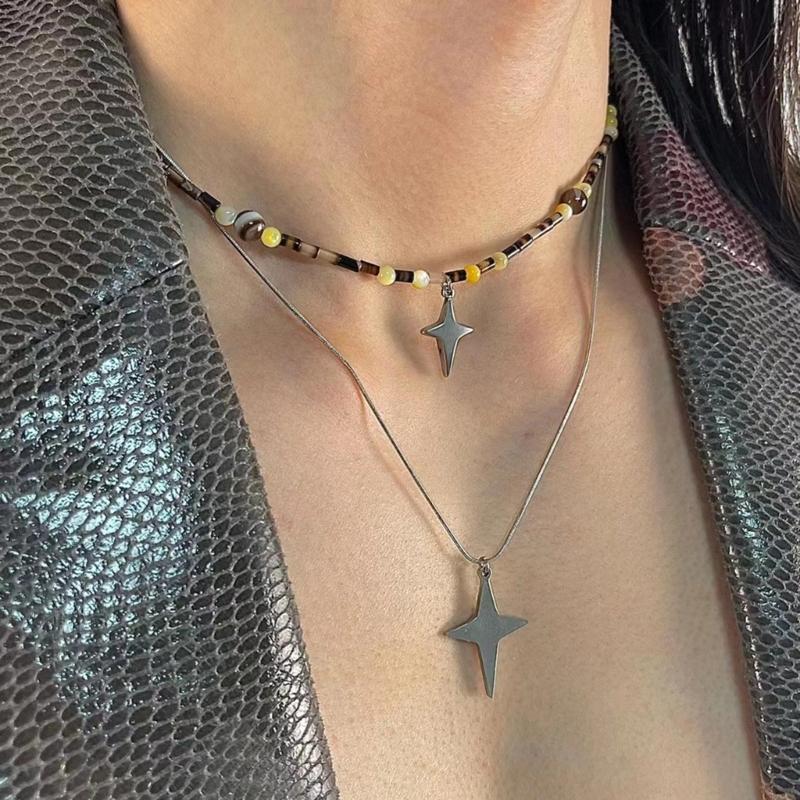 Simple Four Pointed Star Necklaces for Women Girls Cross Pendant Necklace Crucifix Choker Necklace Party Jewelry Gifts