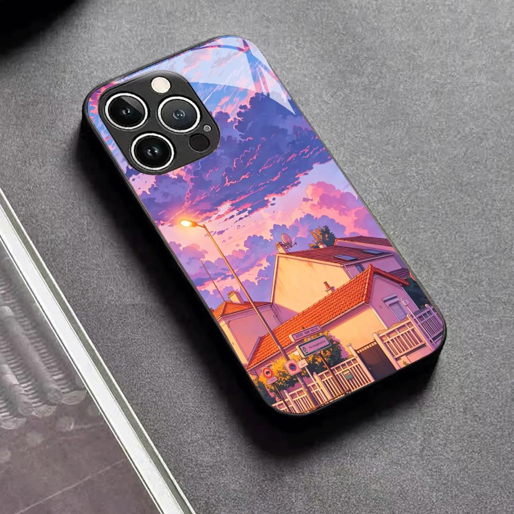 Dusk Sunset Scenery Tempered Glass Shockproof Case For iPhone 17 16 15 14 13 Pro Max Plus Lens Protection Phone Back Cover