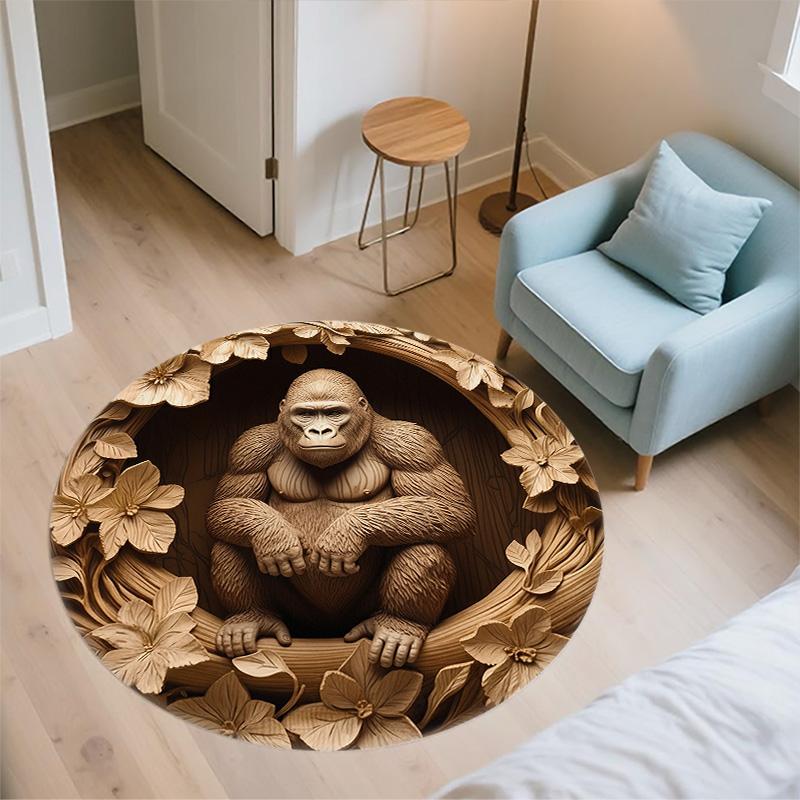 Wolf, Gorilla, Fox, and Wildebeest  Round Area Rug,Carpet Rug for Living Room Bedroom Sofa Playroom Decor,Non-slip Floor Mat