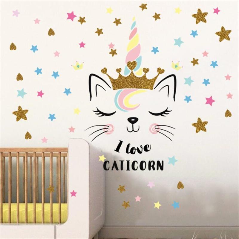 Golden Crown Unicorn Wall Sticker Modern Mural Home Decoration Art Rooms PVC for Kids Pattern Single-piece Package