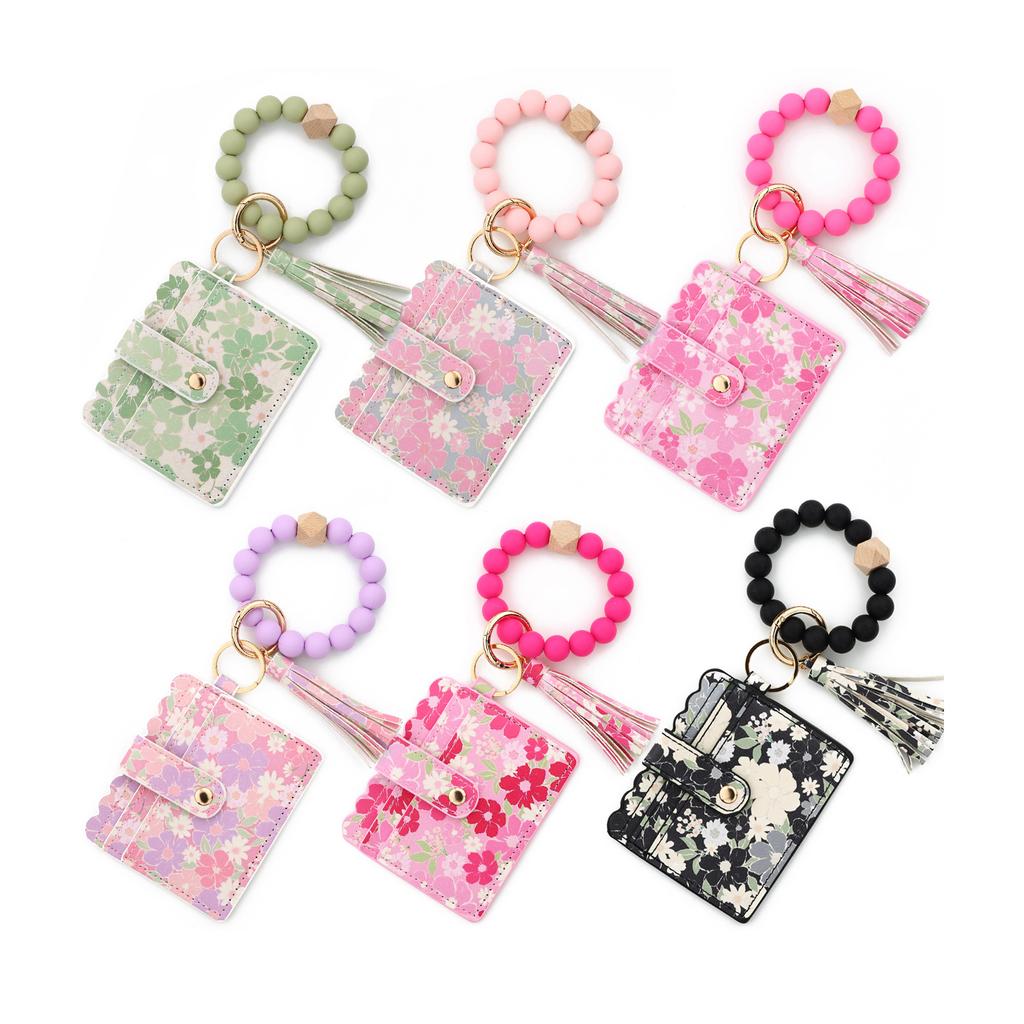 Wristlet Keychain Wallet Credit Card Holder Keyring Keychain Thin Purse Bangle Tassels Key Rings for Women Girls Gift