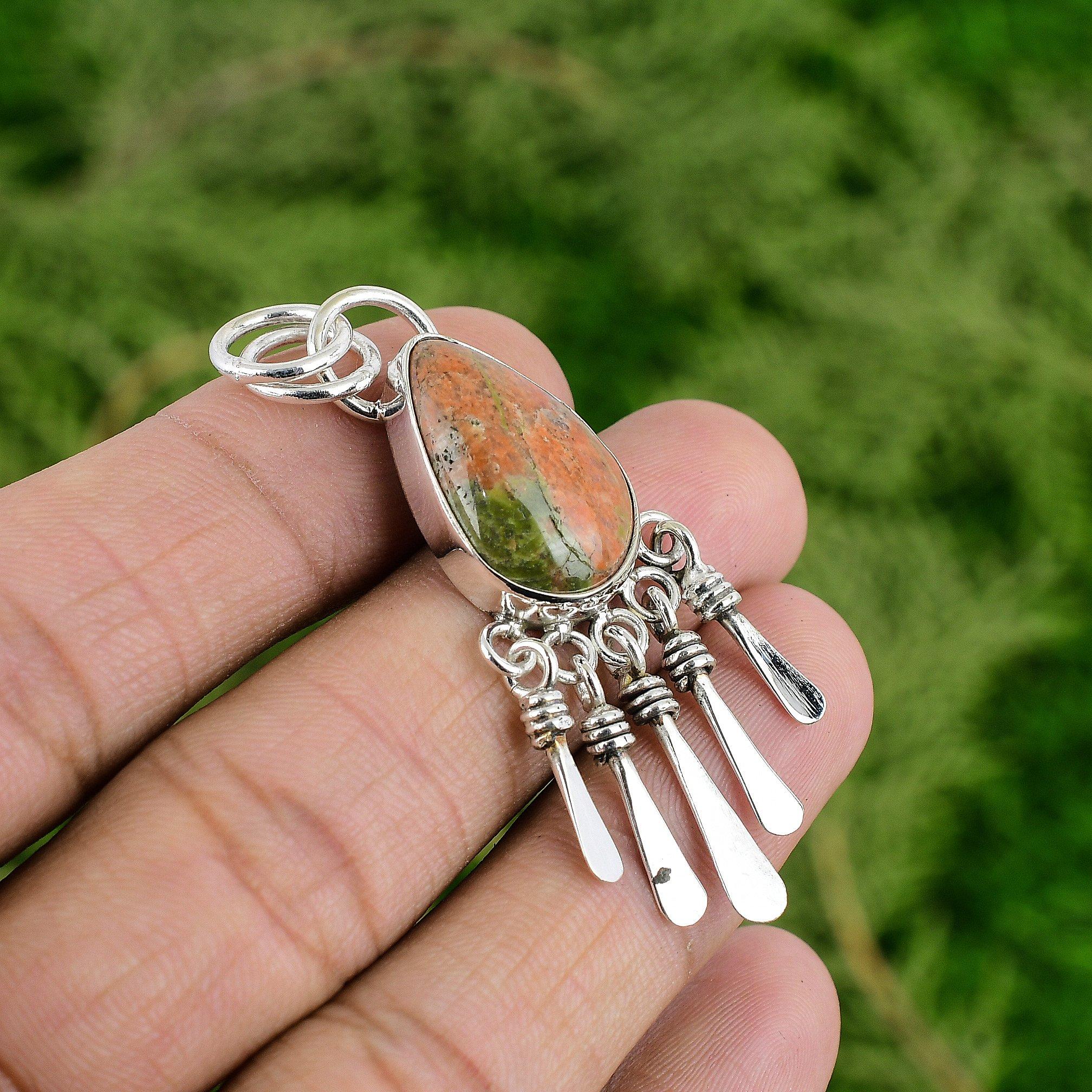 

925 Sterling Silver Pear Natural Unakite Heart Chakra Bezel New Pendant Jewelry