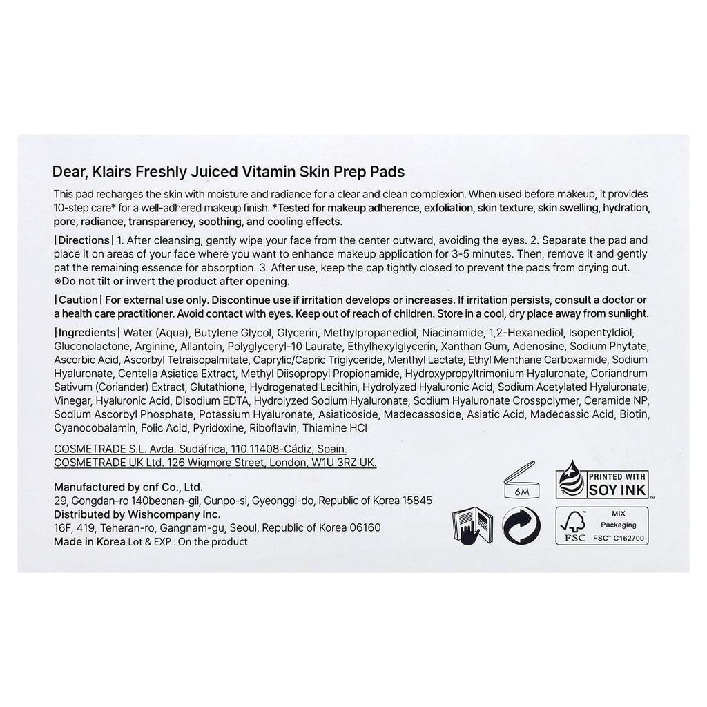 Dear, Klairs, Fresh Juice Vitamin Skin Prep Pads, 80 Sheets