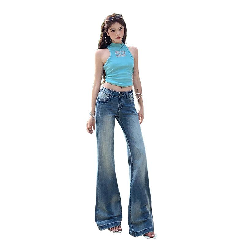 American retro gradual change Spice girl low waist slightly pull jeans women's summer new loose and thin flared pants