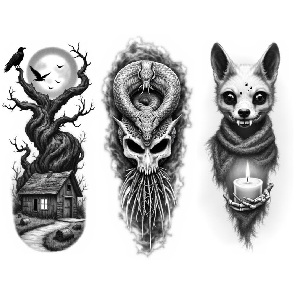 3pcs Temporary Tattoo Black And Grey Realism  And Moon Tree With House And Moon  With Lighthouse For Women Arms