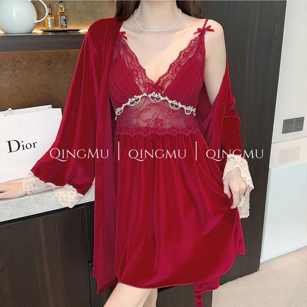 Autumn and winter suspender nightgown two-piece set sexy with chest pad golden velvet pajamas women's private sex loungewear autumn