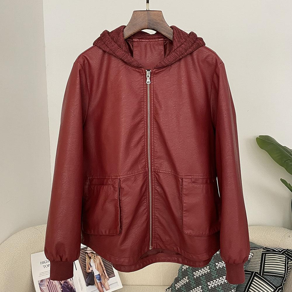 OFTBUY Femmes À Capuche Vintage Ample PU Faux Cuir Chapeau Veste Courte Décontractée Veste de Moto Féminine Zippée Rétro Moto Biker Manteau Vêtements d'Extérieur Hauts