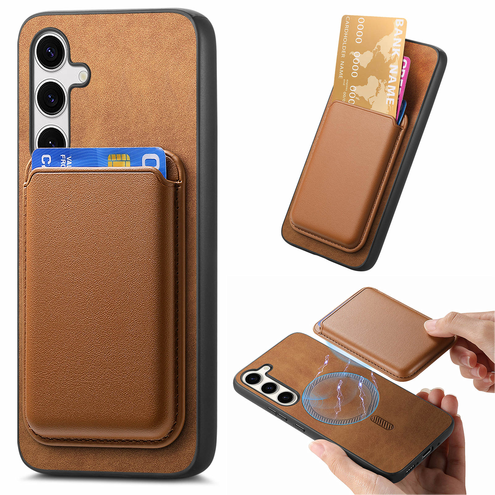 

For Samsung Galaxy S25+ Case Detachable Magnetic Card Bag Leather Phone Back Cover Brown