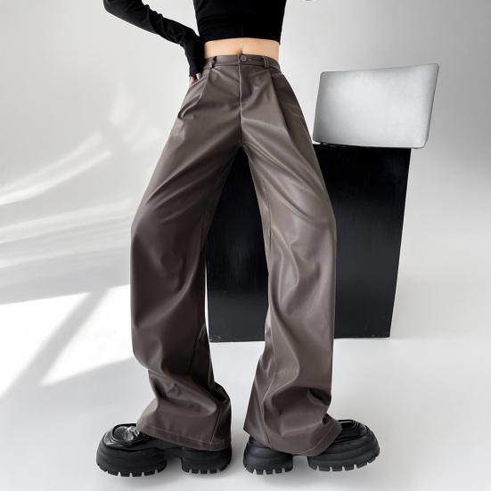 Women Spring Pants High Waist Wide-Leg Imitation Leather Trousers with Pockets Solid