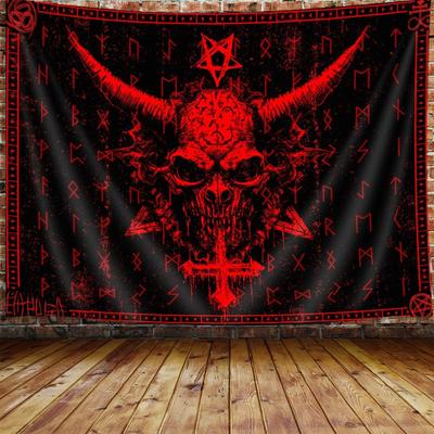 Dämonenschädel Wandteppich Gotisch Rot Schwarz Okkulte Kunst Dunkle Fantasy Dekoration Heavy Metal Rock Zimmer Hängendes Statement Design