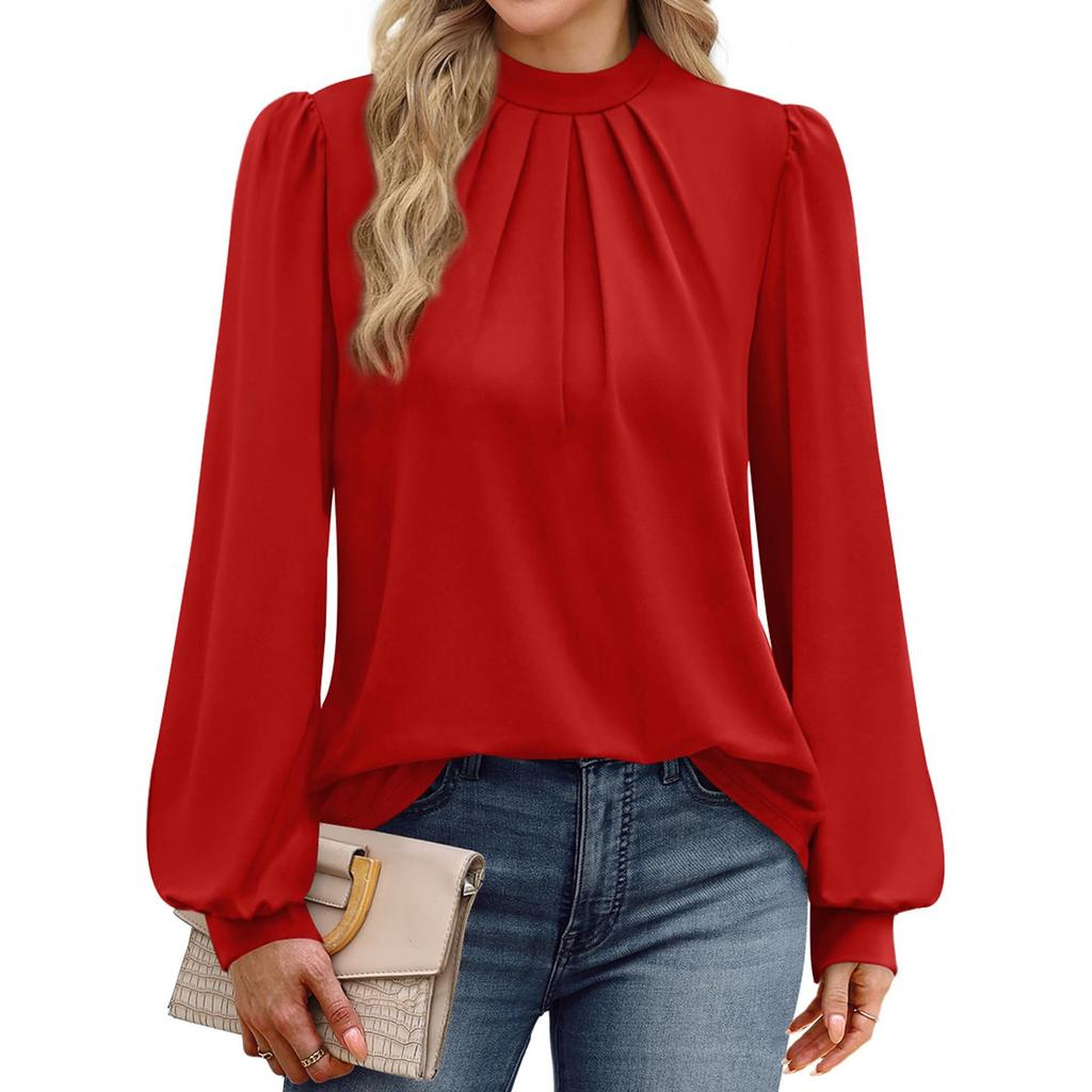 Ladies' Fashionable And Elegant Chest Pleated Stand Collar Long Sleeved Solid Color Top