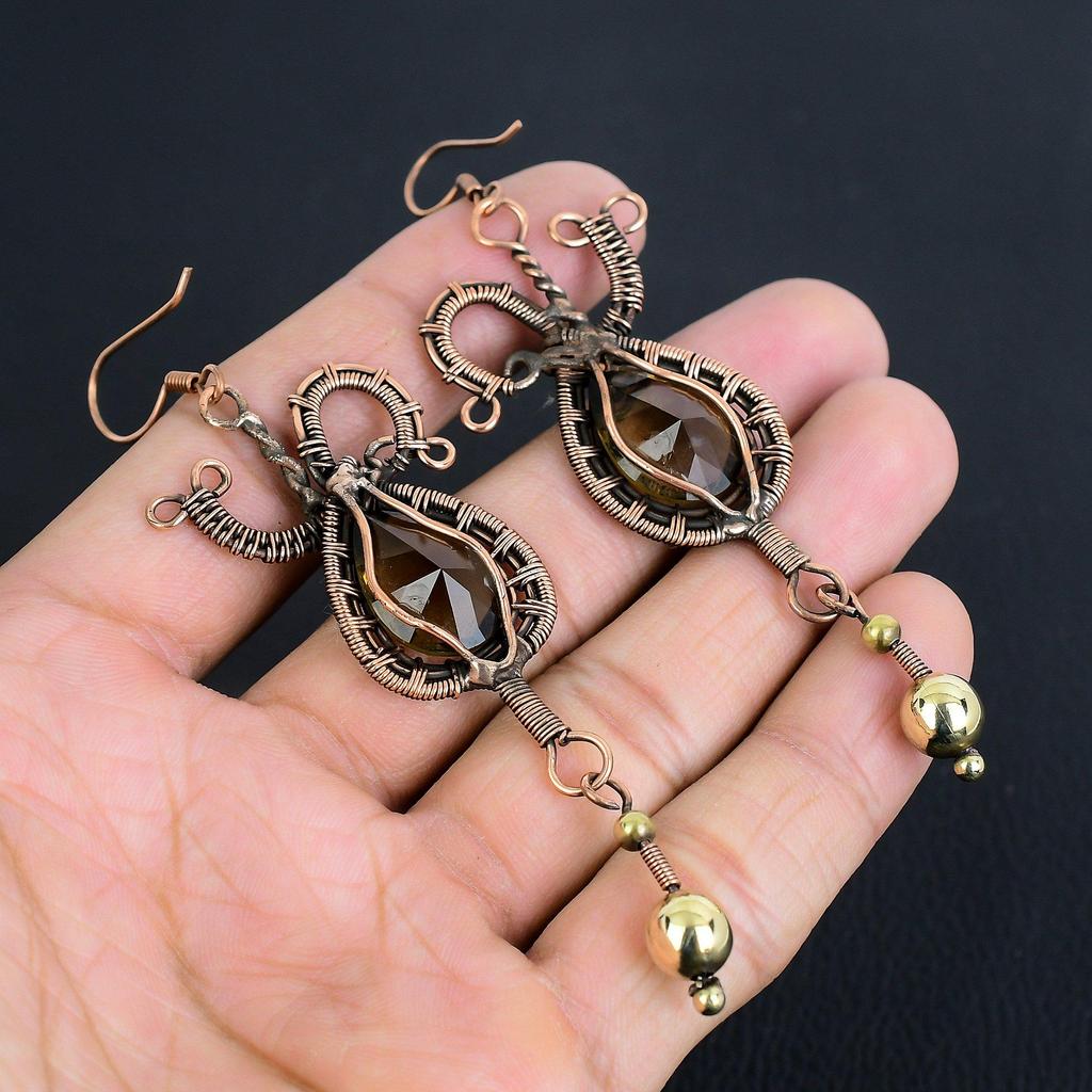 Rauchquarz Ohrringe Edelstein Schmuck, 999 Kupferdraht Gewickelte Handgemachte Ohrringe, Neuestes Design Schmuck