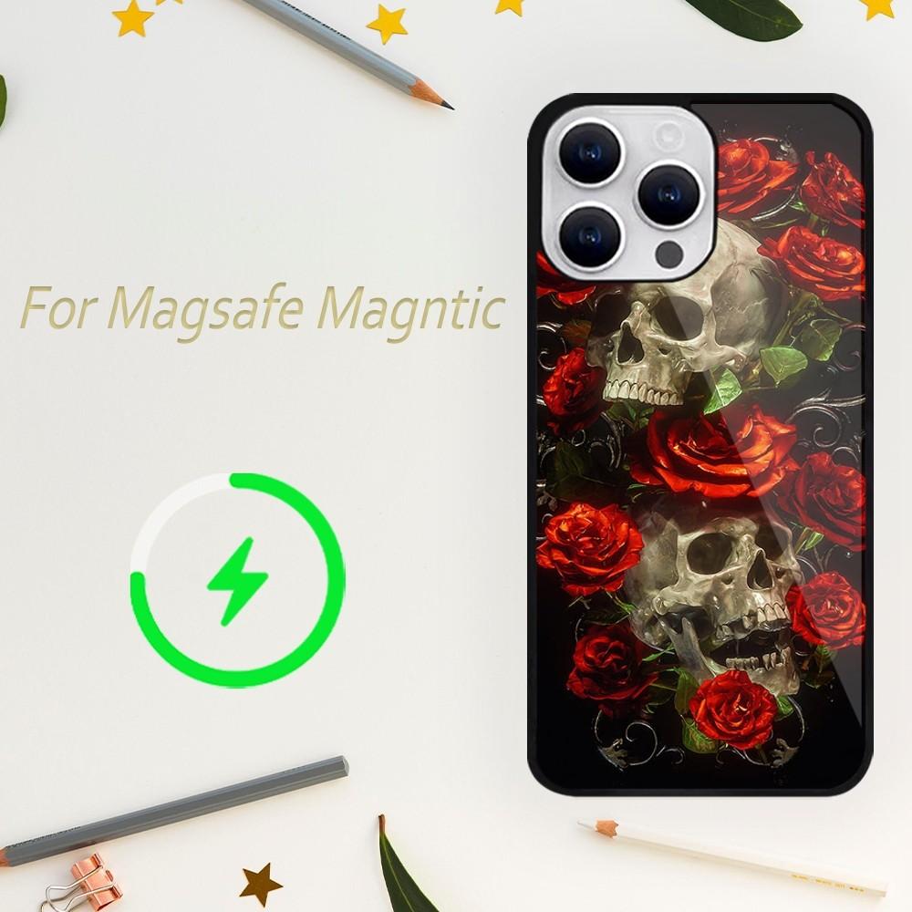 Etui na telefon Deluxe Skull Dead Flowers do iPhone'a 15 14 13 12 11 Plus Pro Max Magsafe Magnetic Wireless Charging